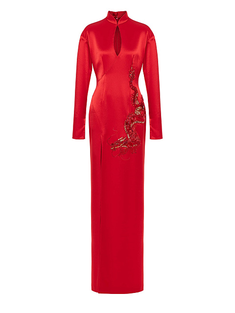 Red Silk Maxi Dress With Dragon Embroidery, 1