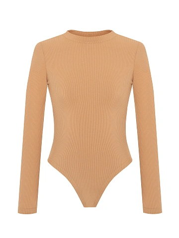 Dark Beige Ribbed Cotton L/S Round Neck Bodysuit, 1