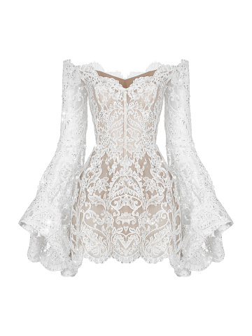 White Lace & Swarovski Crystals Flared Sleeve Mini Dress, 1