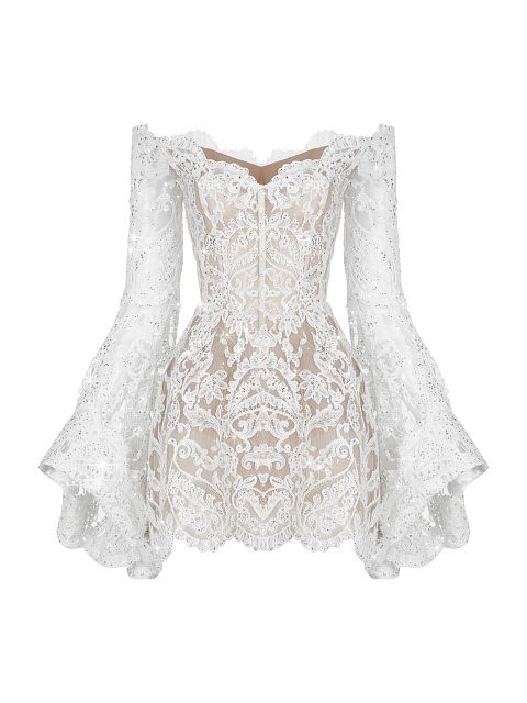 White Lace & Swarovski Crystals Flared Sleeve Mini Dress, 1