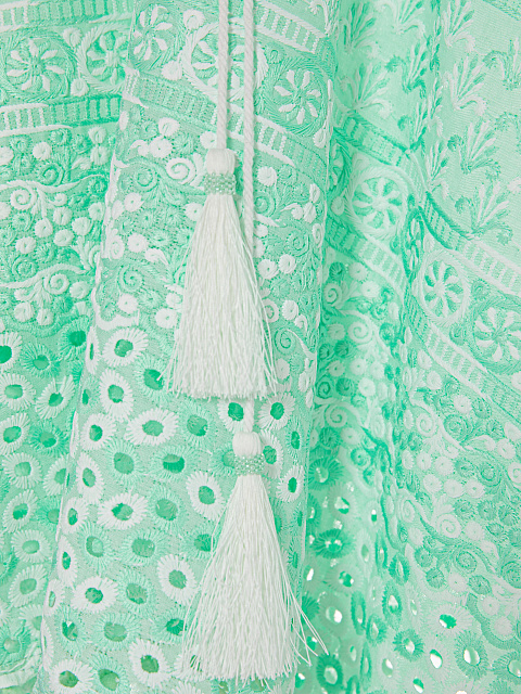 Kid's Green & White Pompon Trim Cotton Tunic Dress, 3 Kid's Green & White Pompon Trim Cotton Tunic Dress, 3
