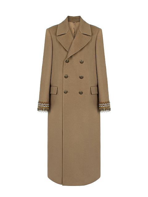 Beige Double-Breasted Embroidered Wool Coat, 1 Beige Double-Breasted Embroidered Wool Coat, 1