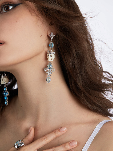 White Gold, Blue Topaz Swiss, Round Sapphire & Mammoth Tusk Skull Earrings , 3