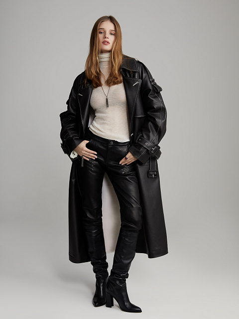 Black Leather & White Mink Fur Lining Trench Coat, 2