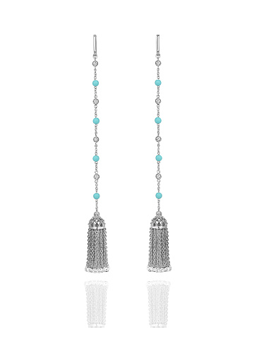 Briolette Diamond & Bead Turquoise & White Gold Tassel Earrings, 1