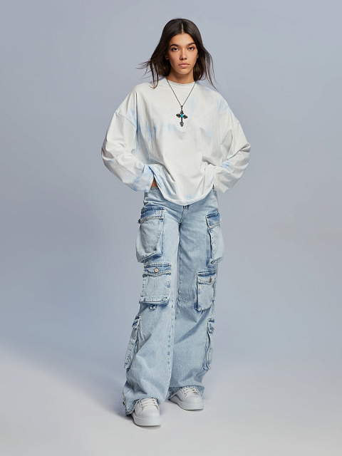 Light Blue Wide Leg Cargo Jeans, 7