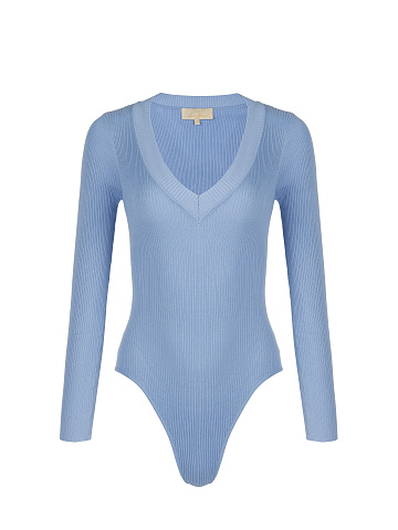 Sky Blue Ribbed Cotton V-Neck Bodysuit, 1