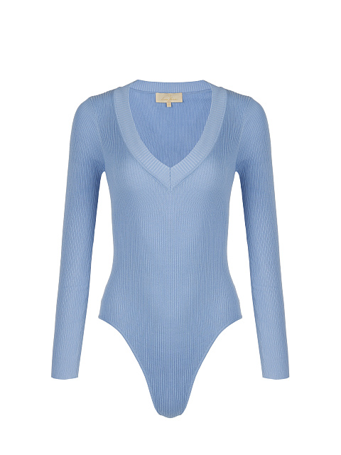 Sky Blue Ribbed Cotton V-Neck Bodysuit, 1 Sky Blue Ribbed Cotton V-Neck Bodysuit, 1