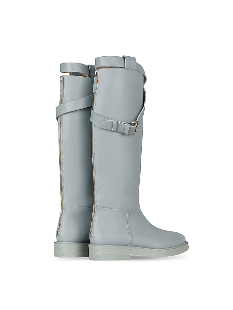 Light Blue Leather Buckled Knee Boots, 3