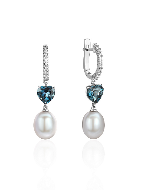 White gold earrings with heart-cut topaz and gray pearls, 1