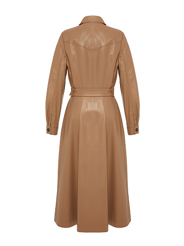 Beige Belted Leather Coat, 2