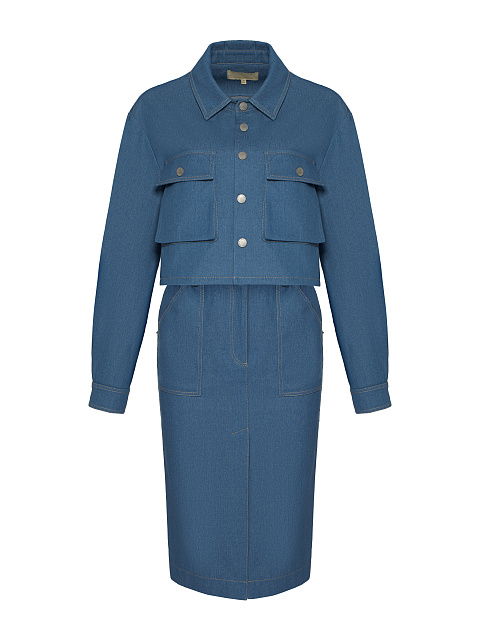 Blue Denim Jacket & Midi Skirt Set, 1 Blue Denim Jacket & Midi Skirt Set, 1