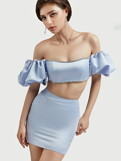 Light Blue Rhinestones Trimmed Satin Top, 2 Light Blue Rhinestones Trimmed Satin Top, 2