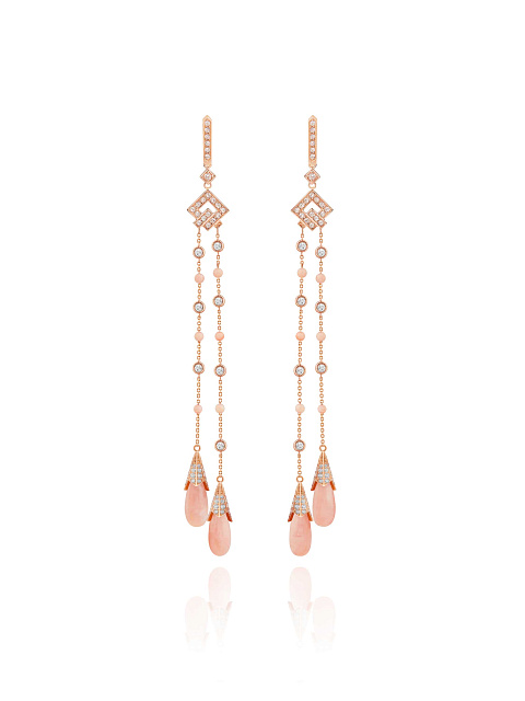 Long rose gold earrings with opal, coral and topazes, 1