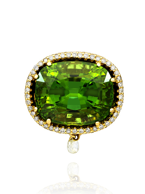 Chrysolite, Yellow Briolette Diamond, Yellow Round Diamond & Gold Ring, 6