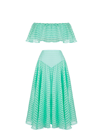 Turquoise Striped Chiffon Top & Midi Skirt, 1
