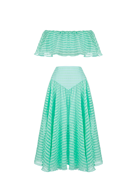Turquoise Striped Chiffon Top & Midi Skirt, 1 Turquoise Striped Chiffon Top & Midi Skirt, 1