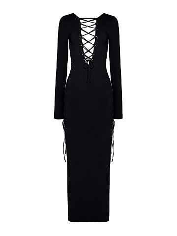 Black Lace Up Jersey Maxi Dress, 2