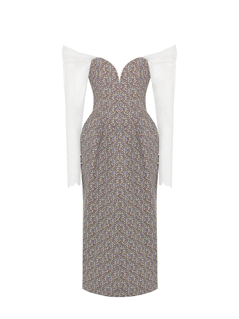 Cotton midi dress with floral print and lace sleeves, 1 Cotton midi dress with floral print and lace sleeves, 1