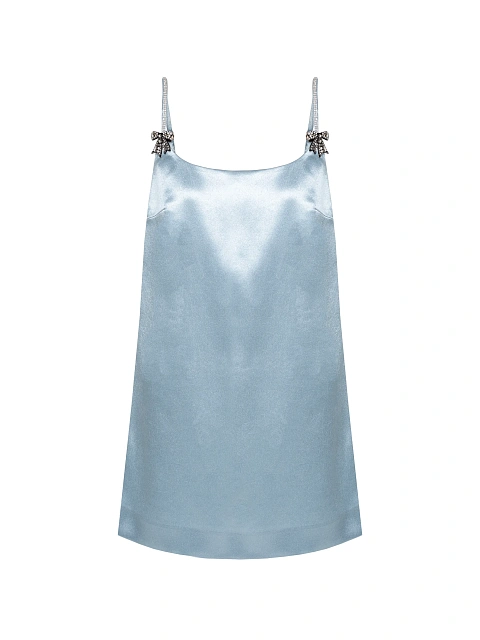 Blue Satin Mini Dress With Rhinestone Bows, 1 Blue Satin Mini Dress With Rhinestone Bows, 1