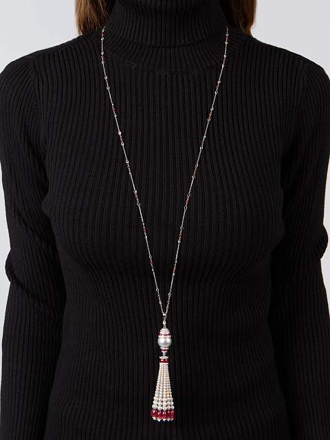 Round Diamond & Ruby & Grey Pearl & White Gold Necklace, 2