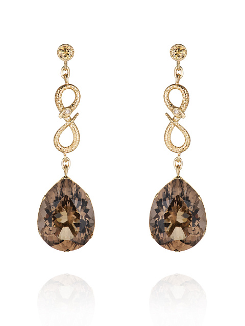 Yellow gold earrings with pear-cut smoky quartz and round diamonds, 1