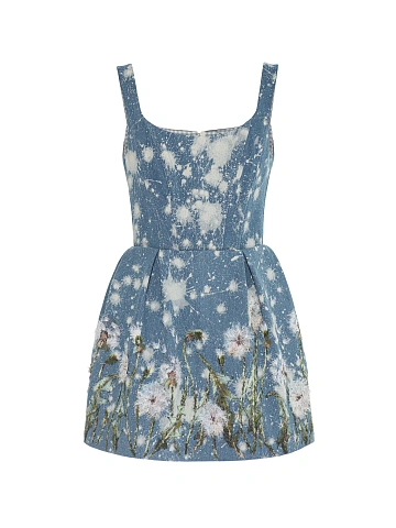 Blue Floral Embroidery Washed Denim Mini Dress, 1