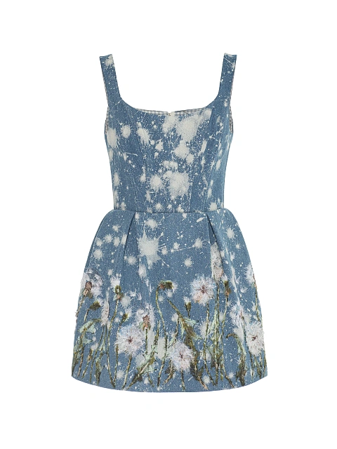 Blue Floral Embroidery Washed Denim Mini Dress, 1 Blue Floral Embroidery Washed Denim Mini Dress, 1