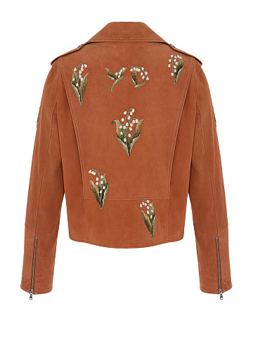 Brown Leather Jacket With Lily Of The Valley Embroidery, 2