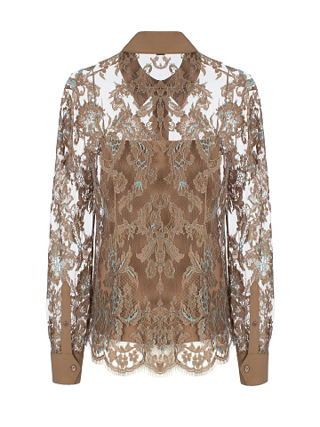 Beige Lace-Paneled Silk Blouse, 2