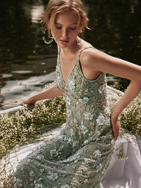 Green Embroidery & Feather Chiffon Maxi Dress, 6 Green Embroidery & Feather Chiffon Maxi Dress, 6