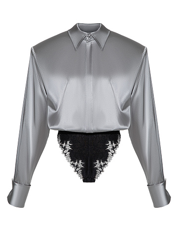 Gray silk bodysuit blouse, 1