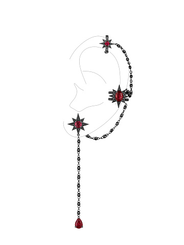Long earrings with ear cuff in blackened gold with rubies and black diamonds, 1