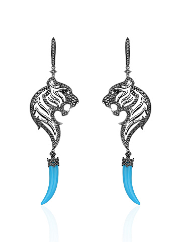 Turquoise, Black Round Diamond & Black Gold Earrings, 1