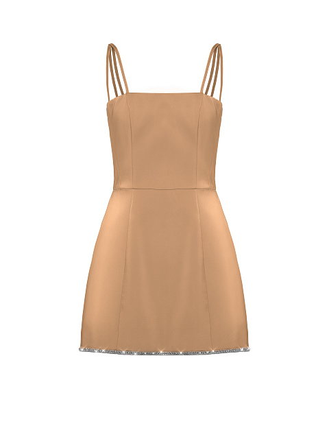 Rhinestones Trimmed Tan Satin Mini Dress, 1 Rhinestones Trimmed Tan Satin Mini Dress, 1
