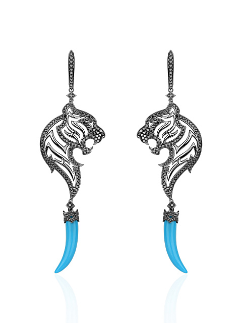 Turquoise, Black Round Diamond & Black Gold Earrings, 1