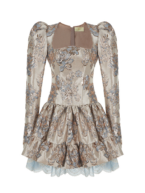 Beige Floral Brocade Mini Dress, 1 Beige Floral Brocade Mini Dress, 1