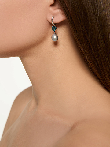 White gold earrings with heart-cut topaz and gray pearls, 2