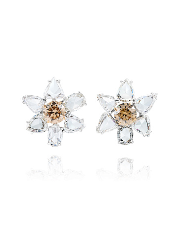 Brown Diamond, Rose Cut Diamond & White Gold Earrings, 1