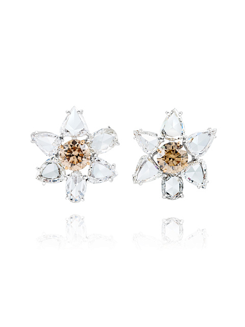 Brown Diamond, Rose Cut Diamond & White Gold Earrings, 1