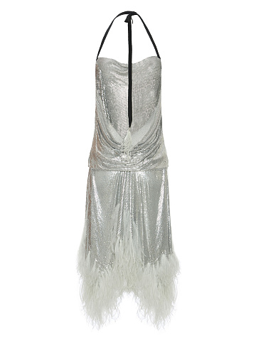 Feathers Trimmed Metallic Mesh Dress, 2