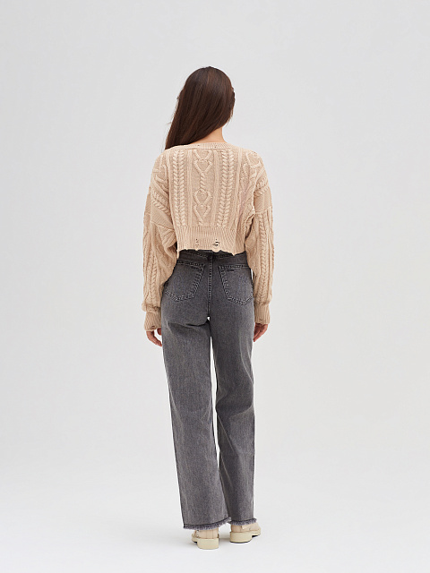 Beige Cotton Cropped Cable Knit Sweater, 6