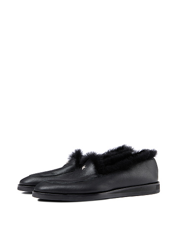Black Leather Fur Trimmed Loafers, 1