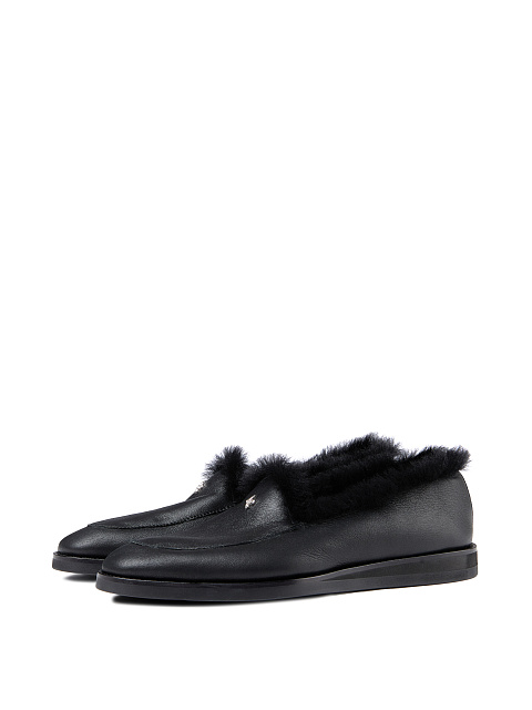 Black Leather Fur Trimmed Loafers, 1