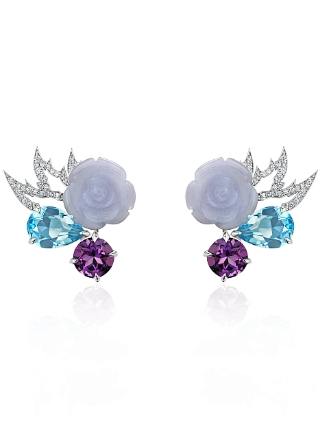 White gold studs with topazes, amethysts and roses carved from chalcedony, 1
