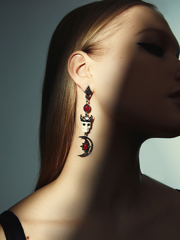 Black Gold, Ruby & Black Diamonds Skull Earrings, 2