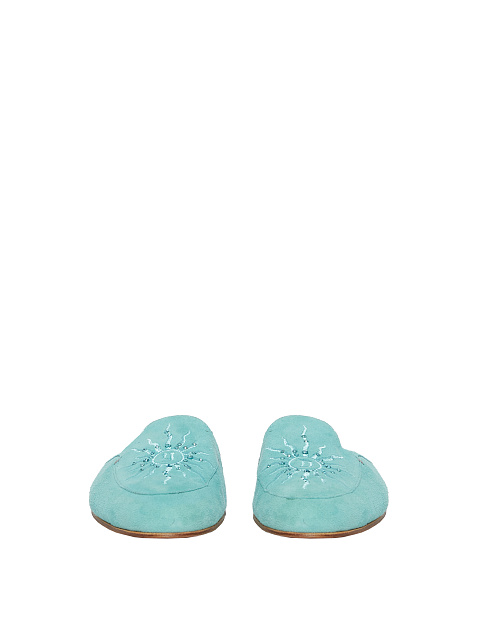 Turquoise Embroidered Suede Mules, 2