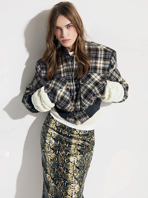 Dark Brown Plaid Cropped Bomber Jacket, 2 Dark Brown Plaid Cropped Bomber Jacket, 2