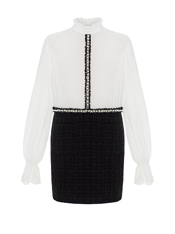 Black and white chiffon and tweed mini dress, 1