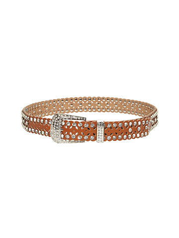 Brown Rhinestone Perforated Faux Leather Belt, 1